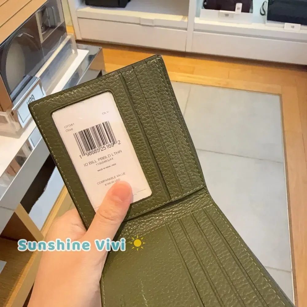 NWT Coach Men Id Billfold Wallet CFG61 Refined pebble leather Olive